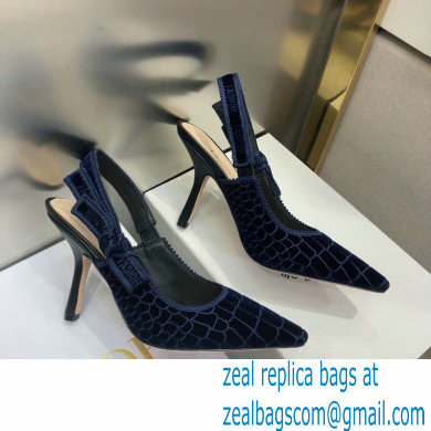 Dior Heel 9.5cm J'Adior Slingback Pumps Crocodile-Effect Embroidered Velvet Dark Blue 2021