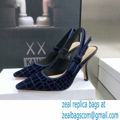 Dior Heel 9.5cm J'Adior Slingback Pumps Crocodile-Effect Embroidered Velvet Dark Blue 2021