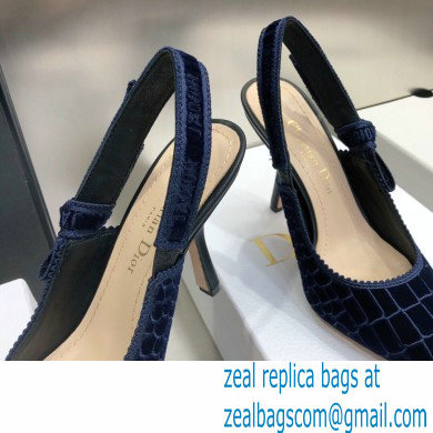 Dior Heel 9.5cm J'Adior Slingback Pumps Crocodile-Effect Embroidered Velvet Dark Blue 2021