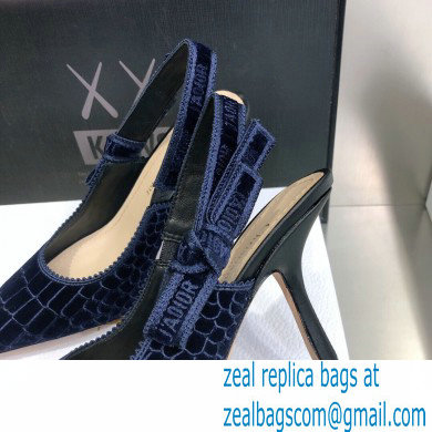 Dior Heel 9.5cm J'Adior Slingback Pumps Crocodile-Effect Embroidered Velvet Dark Blue 2021