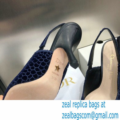 Dior Heel 9.5cm J'Adior Slingback Pumps Crocodile-Effect Embroidered Velvet Dark Blue 2021