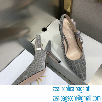 Dior Heel 9.5cm J'Adior Slingback Pumps Crocodile-Effect Embroidered Velvet Gray 2021