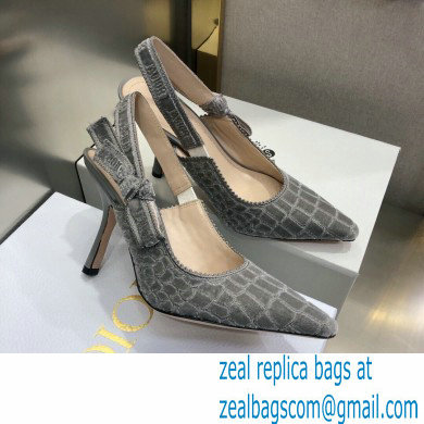 Dior Heel 9.5cm J'Adior Slingback Pumps Crocodile-Effect Embroidered Velvet Gray 2021