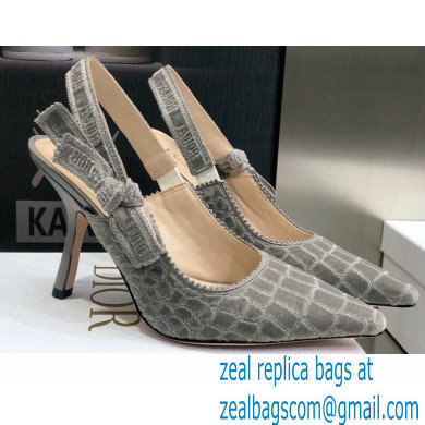 Dior Heel 9.5cm J'Adior Slingback Pumps Crocodile-Effect Embroidered Velvet Gray 2021