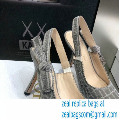 Dior Heel 9.5cm J'Adior Slingback Pumps Crocodile-Effect Embroidered Velvet Gray 2021