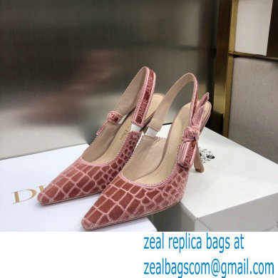 Dior Heel 9.5cm J'Adior Slingback Pumps Crocodile-Effect Embroidered Velvet Pink 2021