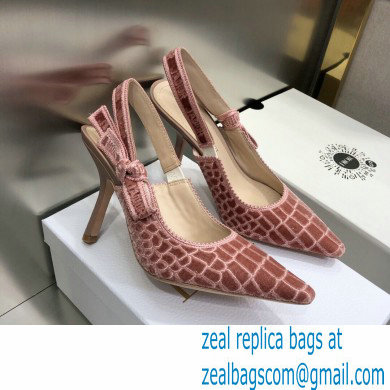 Dior Heel 9.5cm J'Adior Slingback Pumps Crocodile-Effect Embroidered Velvet Pink 2021