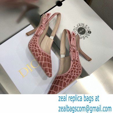 Dior Heel 9.5cm J'Adior Slingback Pumps Crocodile-Effect Embroidered Velvet Pink 2021