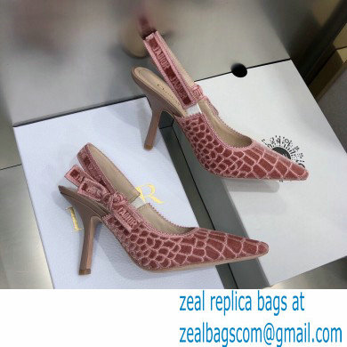 Dior Heel 9.5cm J'Adior Slingback Pumps Crocodile-Effect Embroidered Velvet Pink 2021