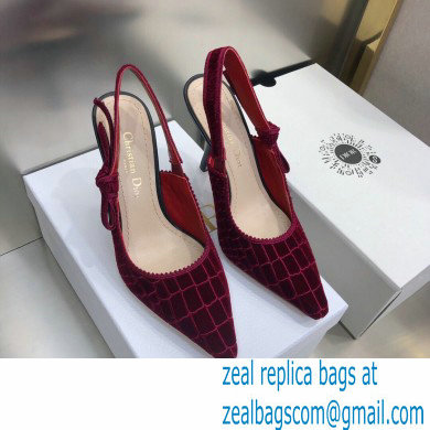 Dior Heel 9.5cm J'Adior Slingback Pumps Crocodile-Effect Embroidered Velvet Red 2021