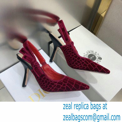 Dior Heel 9.5cm J'Adior Slingback Pumps Crocodile-Effect Embroidered Velvet Red 2021