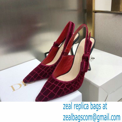 Dior Heel 9.5cm J'Adior Slingback Pumps Crocodile-Effect Embroidered Velvet Red 2021