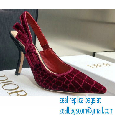 Dior Heel 9.5cm J'Adior Slingback Pumps Crocodile-Effect Embroidered Velvet Red 2021 - Click Image to Close