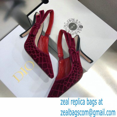 Dior Heel 9.5cm J'Adior Slingback Pumps Crocodile-Effect Embroidered Velvet Red 2021 - Click Image to Close