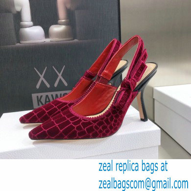 Dior Heel 9.5cm J'Adior Slingback Pumps Crocodile-Effect Embroidered Velvet Red 2021