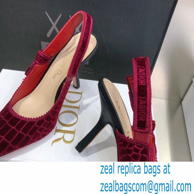 Dior Heel 9.5cm J'Adior Slingback Pumps Crocodile-Effect Embroidered Velvet Red 2021 - Click Image to Close