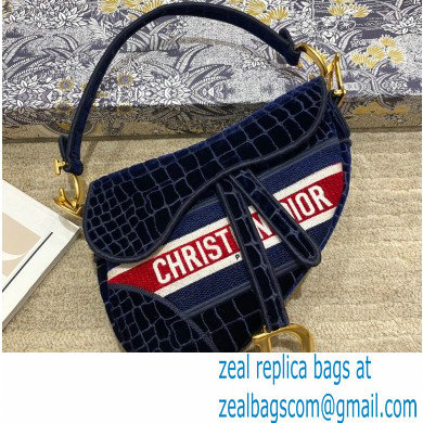 Dior Saddle Bag in Crocodile-Effect Embroidered Velvet Blue 2021