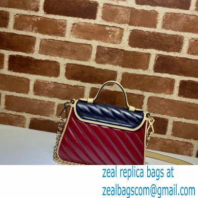 Gucci Diagonal GG Marmont Mini Top Handle Bag 583571 Navy Blue/Beige/Red 2021 - Click Image to Close