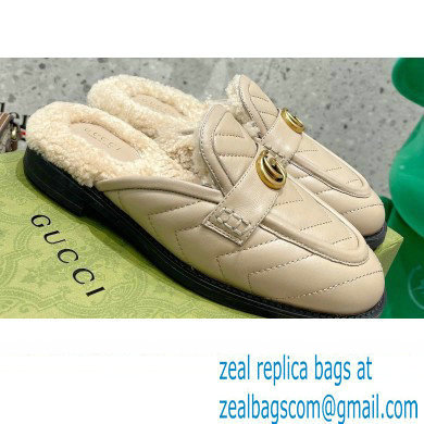 Gucci Shearling Merino Lining Chevron Leather Slippers with Double G 670400 Beige 2021 - Click Image to Close