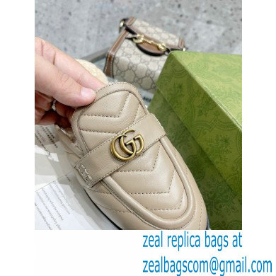 Gucci Shearling Merino Lining Chevron Leather Slippers with Double G 670400 Beige 2021 - Click Image to Close