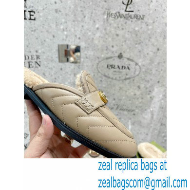 Gucci Shearling Merino Lining Chevron Leather Slippers with Double G 670400 Beige 2021 - Click Image to Close