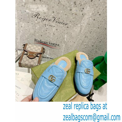 Gucci Shearling Merino Lining Chevron Leather Slippers with Double G 670400 Blue 2021
