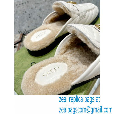 Gucci Shearling Merino Lining Chevron Leather Slippers with Double G 670400 White 2021