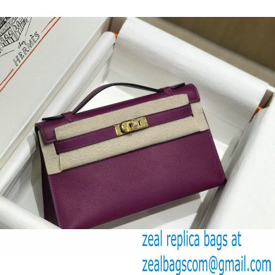 Hermes Mini Kelly 22 Pochette Bag Anemone Purple in Swift Leather with Gold Hardware