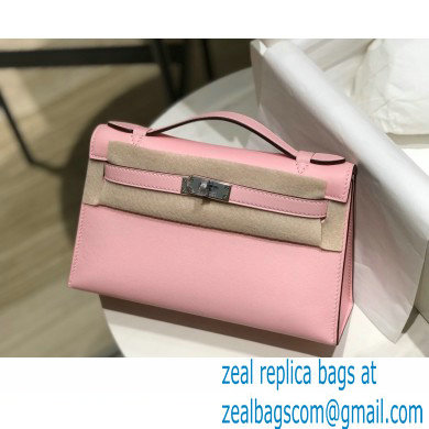 Hermes Mini Kelly 22 Pochette Bag Cherry Pink in Swift Leather with Silver Hardware