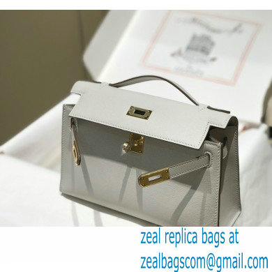 Hermes Mini Kelly 22 Pochette Bag Pearl Grey in Swift Leather with Gold Hardware