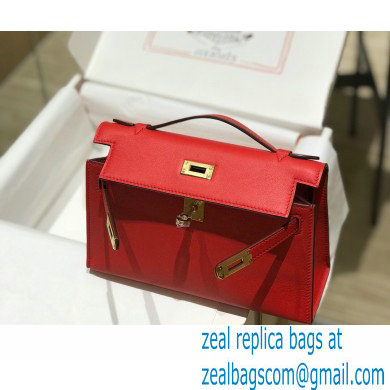 Hermes Mini Kelly 22 Pochette Bag Red in Swift Leather with Gold Hardware