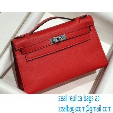 Hermes Mini Kelly 22 Pochette Bag Red in Swift Leather with Silver Hardware - Click Image to Close