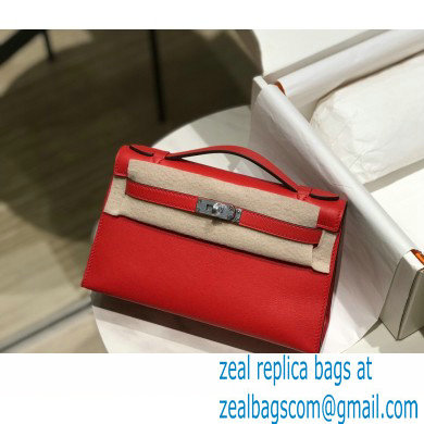 Hermes Mini Kelly 22 Pochette Bag Red in Swift Leather with Silver Hardware - Click Image to Close