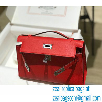 Hermes Mini Kelly 22 Pochette Bag Red in Swift Leather with Silver Hardware - Click Image to Close