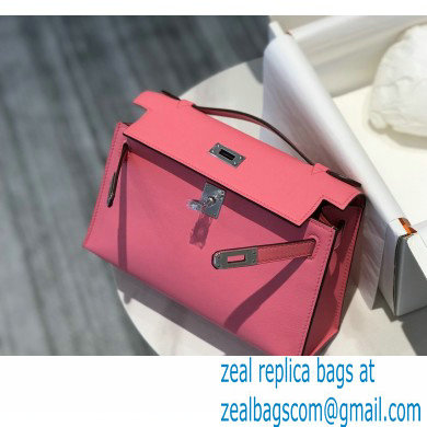 Hermes Mini Kelly 22 Pochette Bag Rouge Pink in Swift Leather with Silver Hardware