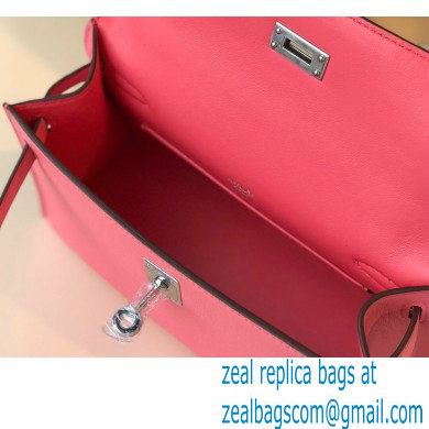 Hermes Mini Kelly 22 Pochette Bag Rouge Pink in Swift Leather with Silver Hardware - Click Image to Close