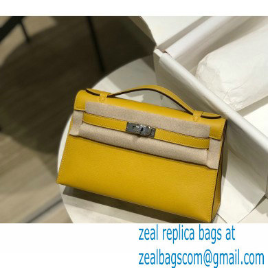 Hermes Mini Kelly 22 Pochette Bag Yellow in Swift Leather with Silver Hardware - Click Image to Close