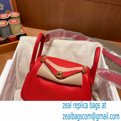 Hermes Mini Lindy 19cm Bag in original togo leather rouge de coeur