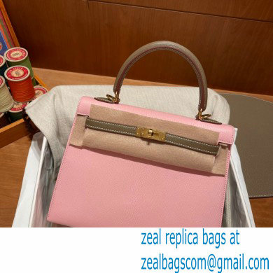 Hermes kelly 25 bag in mysore leather pink/gray handmade