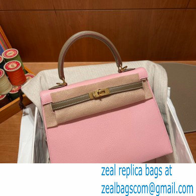 Hermes kelly 25 bag in mysore leather pink/gray handmade