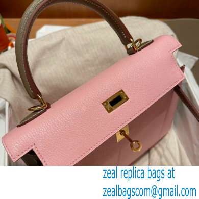 Hermes kelly 25 bag in mysore leather pink/gray handmade