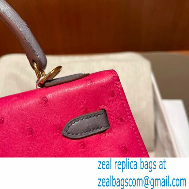 Hermes kelly 25 bag in ostrich leather rose tyrien/gris agate handmade