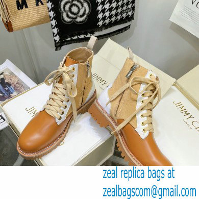 Jimmy Choo CORA FLAT JC Monogram Leather Mix Combat Boots Caramel 2021