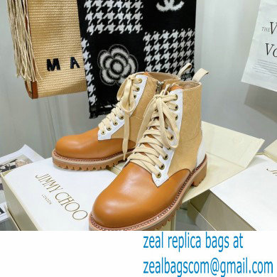 Jimmy Choo CORA FLAT JC Monogram Leather Mix Combat Boots Caramel 2021