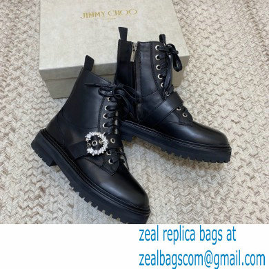 Jimmy Choo CORA FLAT Soft Calf Leather Combat Boots with Crystal Buckle Black 2021