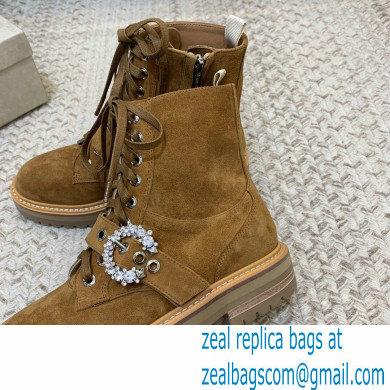 Jimmy Choo CORA FLAT Suede Combat Boots with Crystal Buckle Caramel 2021