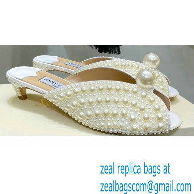 Jimmy Choo Heel 3.5cm SAMANTHA 35 White Satin Mules with All-Over Pearls 2021