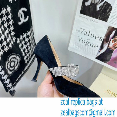 Jimmy Choo Heel 8.5cm KARI Suede Pumps Black with Crystal-Embellished Strap 2021 - Click Image to Close