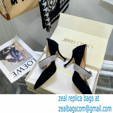 Jimmy Choo Heel 8.5cm KARI Suede Pumps Black with Crystal-Embellished Strap 2021
