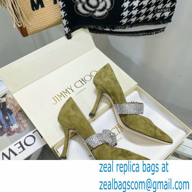Jimmy Choo Heel 8.5cm KARI Suede Pumps Olive Green with Crystal-Embellished Strap 2021
